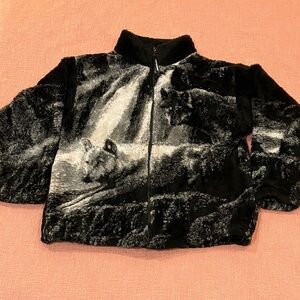 Vintage 90’s wolf / waterfall  Black & Gray Print zip front Cardigan